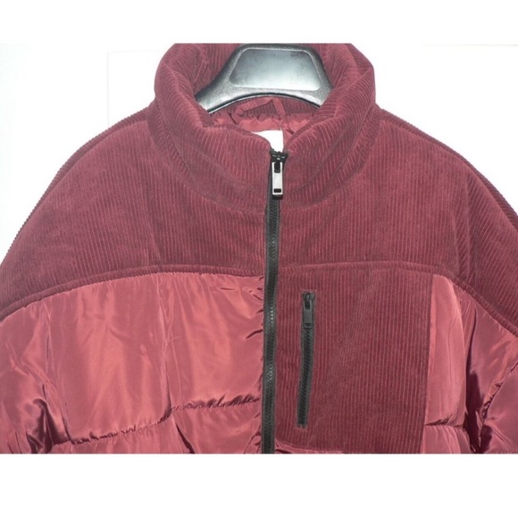 Corduroy Full Zip Puffer Jacket in Burgandy - Picture 5 of 7